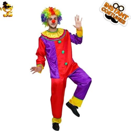 Chrismas Carnival Party Mens Clown Costume Role Play Fancy dress Funny Clown Color Outfits for Adult Man Clown Clothes with Wig