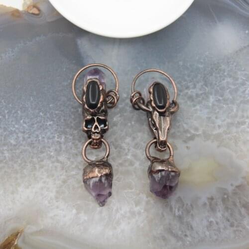 Natural Amethysts Stick Points Antique Brass Pendants Purple Crystal Charms For DIY Jewelry Necklace Crafts Making Accessories