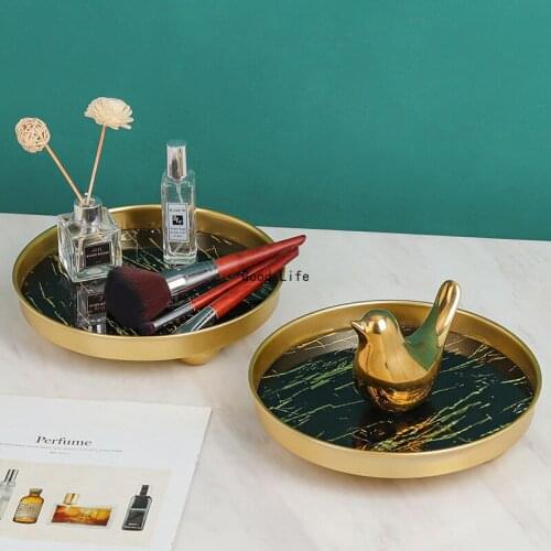 Nordic Black Marble Pattern Tray Cosmetics Jewelry Storage Tray Metal Round Plate Dressing Table Living Room Decoration