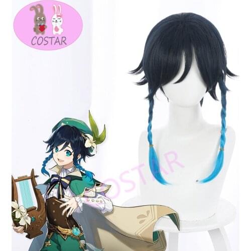 COSTAR Game Genshin Impact Venti Cosplay Wigs Gradient Blue Short Cosplay Wig Braided Wigs Heat Resistant Synthetic Hair