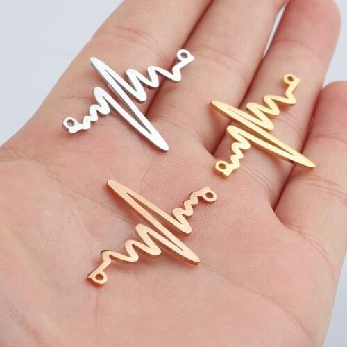 Stainless Steel 2 Hole Heartbeat Charm Silver Color/Golden/Rose Golden Metal ECG Connector For Bracelet Mirror Polished 20pcs