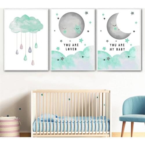Nordic Sun Moon Cloud Star Poster Pink Blue Cyan Prints You Are My Loved Baby Quotes Wall Art Canvas Painting Kids Room Decor
