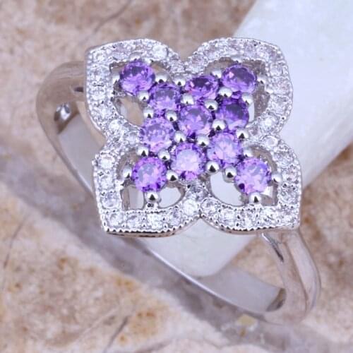 Romantic Purple Cubic Zirconia White CZ Silver Plated Flower Ring Size 6 / 7 / 8 / 9 E540