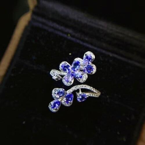 Luxurious Opening big Geometric flower S925 silver natural blue tanzanite ring natural gemstone ring woman party gift jewelry