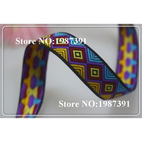 Wide 2.5cm 10yards/lot Polyester Woven Jacquard Ribbon quadrangle Geometric pattern for curtain and clothing accessory LS-5285
