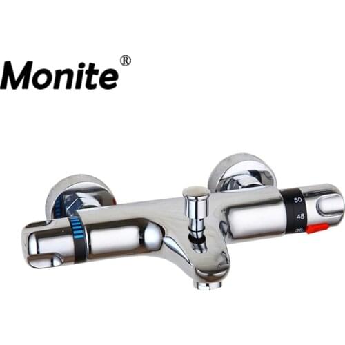 Monite Wall Mounted Bathroom Thermostatic Mixer Taps Chrome Brass Bathtub Sink Basin Faucet Set Exposed Shower Faucet