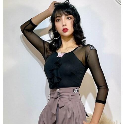 Female Latin Dance Tops Long Sleeve Mesh Stitching Butterfly Adorn Shirt Ballroom Competition Performance Stage Clothes YS1277