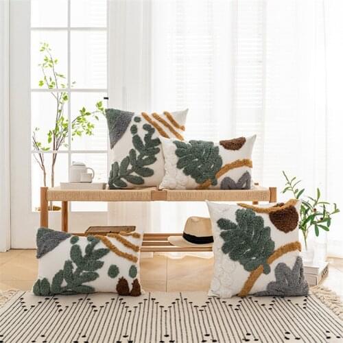 Green Plant Tufted Cushion Cover 45x45cm Polyester Cotton Throw Pillow Cover Nordic Pillow Case for Neutral Home Sofa Car Decor