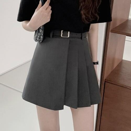LJSXLS Gray Sashes High-waisted Skirt Womens Korean Preppy Style A-Line Mini Skirts Summer All-match Pleating Short Jupe Femme