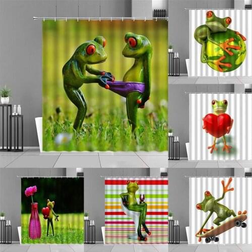 Cartoon Frog Shower Curtains Creative Couple Frogs Animal Bath Curtain Children Room Bathroom Decor Gift Waterproof Cloth Screen
