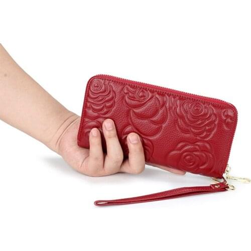 Womens Wallet New Leather long single zipper bag fashion camellia flower head leather wallet
