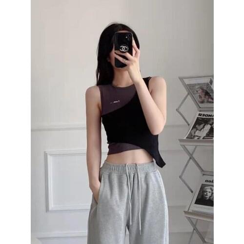 Za Women Fashion Pullover Fake Two Piece Stitched O Neck Asymmetric Vest Knitted Blouses Vintage Female Shirts Chic Short Tops