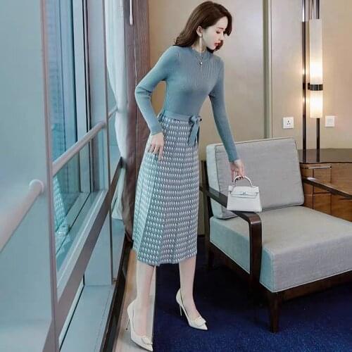 Spring Autumn Elegant Patchwork Houndstooth Knitted Dress Women Long Sleeve Casual Calf-length Sweater Dress with Belt X362