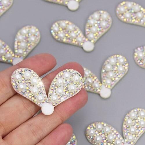 10Pcs Rabbit Ears Patch Pearl Patches Padded AB Rhinestone Patches For Clothes Bling Pearl Beaded Applique Hair Accessories DIY
