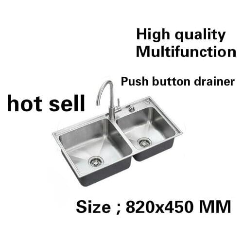 Free shipping Apartment high quality kitchen double groove sink luxury push button drainer 304 stainless steel hot sell 82x45 CM