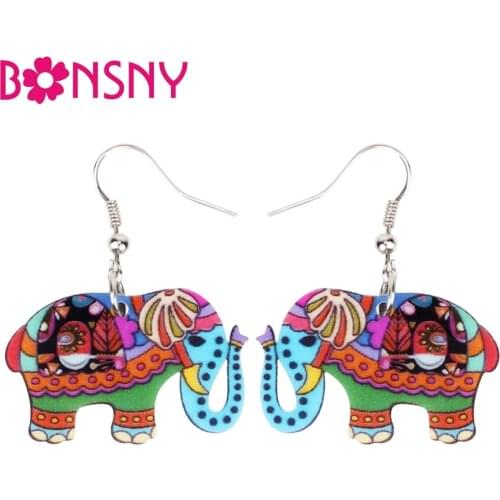 Bonsny Acrylic Anime Colorful Elephant Earrings Big Long Dangle Drop Circus Animal Jewelry For Women Girl Teens Accessories Bulk