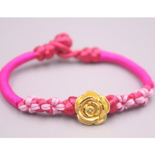 Real Pure Gold 999 Gold Bracelet For Women Female Rose Flower Rose Red Peach Knot Chain 16cmL