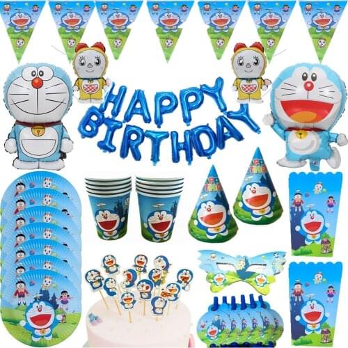 Doraemon Theme Party Tablecloth Decorate Cups Plates Kids Favors Dishes Glass Balloons Birthday Party Tableware Set Cake Toppers