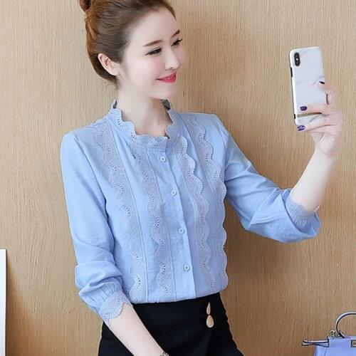 Cotton 100% Women White Shirts Summer New 2021 O-Neck Long-Sleeved Lace Patchwork Office Lady Solid All Match Outwear Tops