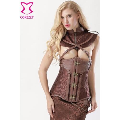 Brown Brocade Gothic Steampunk Clothing Jacket Steel Underbust Corset Vintage Corsets And Bustiers Plus Size Corpetes E Corselet