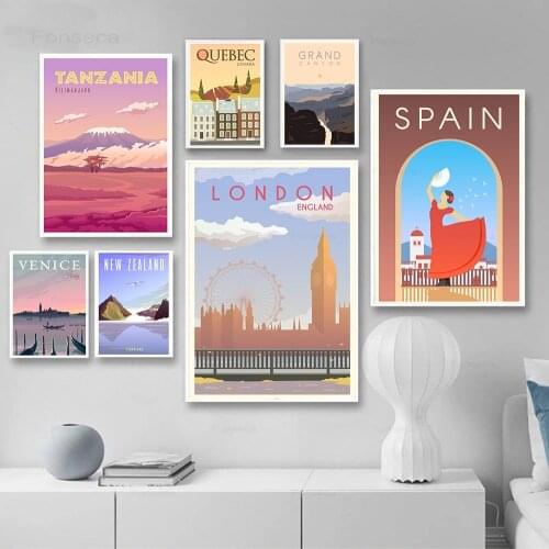 Nordic Vintage Travel Cities Wall Art Poster Spain Quebec Tanzania Venice New ZeaLand Landscape Canvas Painting Framed Pictures