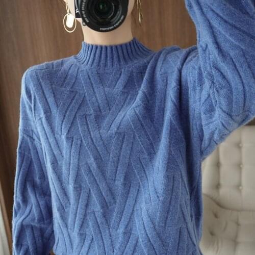 2021 new autumn and winter cashmere sweater womens half high neck simple, loose, thin and versatile 100% wool knitted bottomed