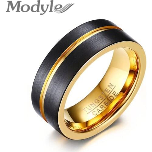 Modyle 2020 New Gold-color Line Ring for Men Jewelry 8MM Black Tungsten Carbide Ring