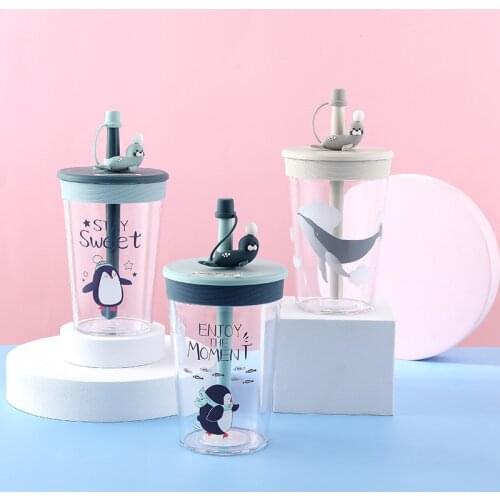 450ml Cute Sea Lion Sippy Cup Penguin Print Water Bottle with Lid and Straw Cartoon Animal Summer Must-have Iced Coffee Cup