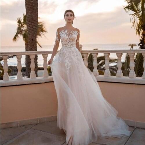 WUZHIYI Champagnes Princess Boho Wedding Dresses Long Sleeevs Skin Tulle Appliques A Line Bridal Gowns Plus Size