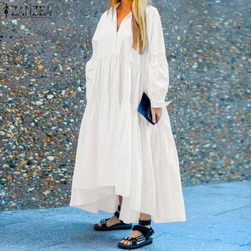ZANZEA Fashion Bohemian Women Dress 2021 Spring Patchwork Maxi Dresses Casual Solid Lapel Button Long Sleeve Oversized Sundress