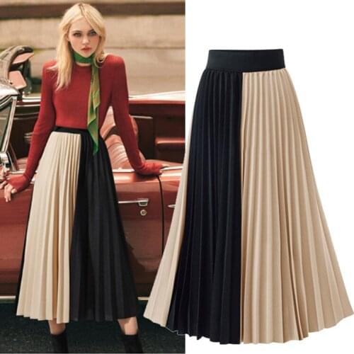 Spring Summer New European American High Waist Show Thin Joker Chiffon Patchwork Color Skirt Pleated Skirt