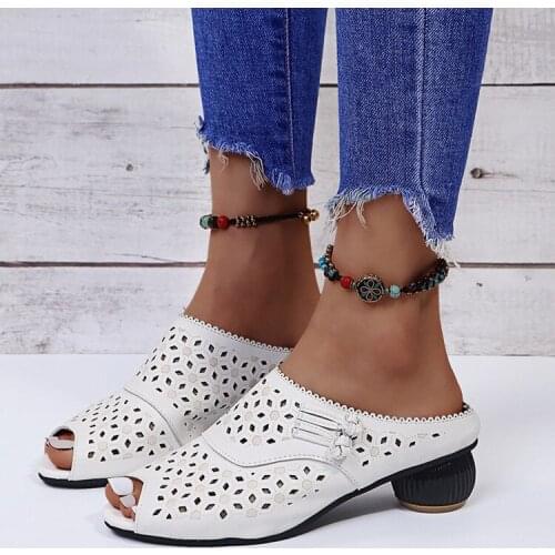 Women Sandals 2021 Size 43 Slippers Women Cutouts Cow Genuine Leather Summer Sandals Fashion Heels Slides Casual Wild Shoes