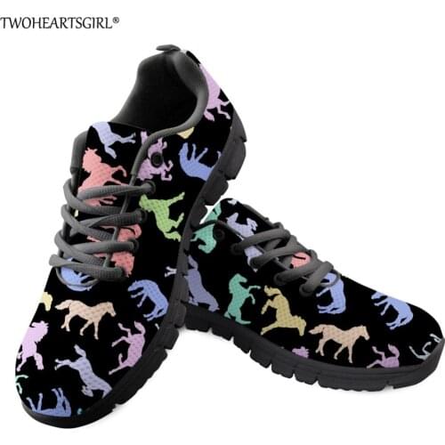 Twoheartsgirl Black Horse Printed Women Sneakers Leisure Women College Girls Lace-up Flats Breathable Female Ladies Mesh Shoes