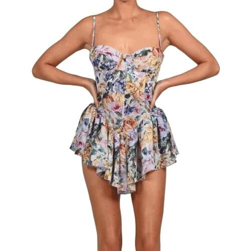 2021 Summer Dolce Playsuit In Violet Print Cami Style Bustier Jumpsuits for Women 2021 with Frill Short Detail