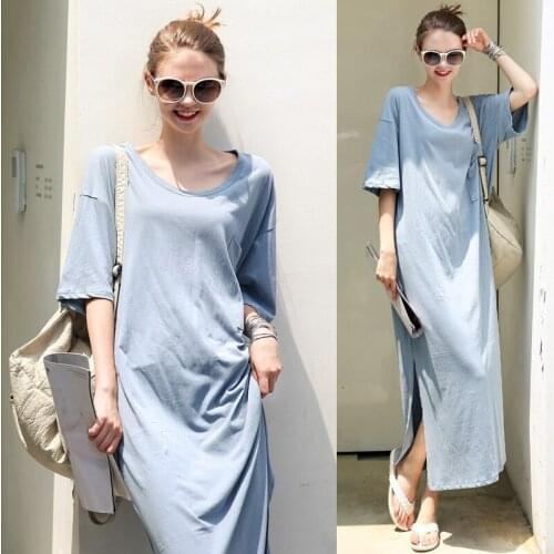 Cotton 100% 2019 Spring Women Dress Female Half Sleeve Hem Split Loose Big Size O neck Dresses Clothes Fashion Vestidos Casual