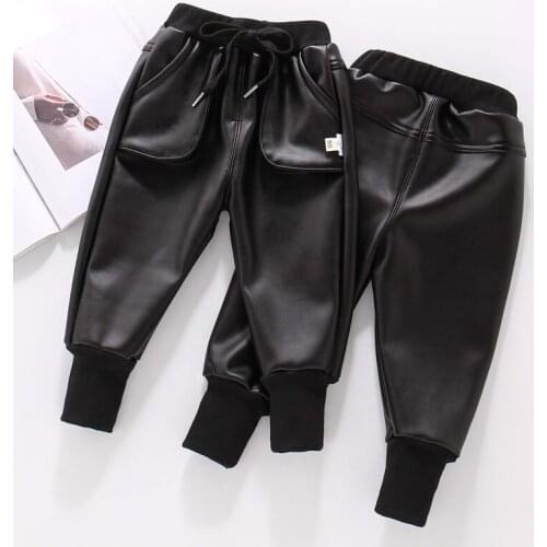 Winter Faux Leather Cargo Pants Childrens Pants Warm Boys Trousers Thicken Casual Cargo Pants Girls Clothing 2 4 6 8 Years