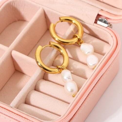 18k Gold Plated Stainless Steel Double Freshwater Pearl Pendant Huggie Earrings For Women Waterproof Tarnish Free