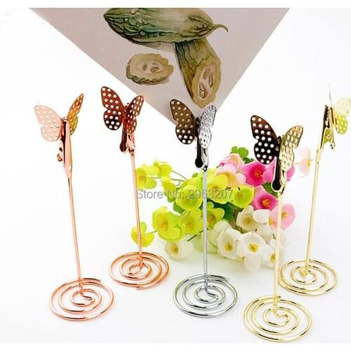 200pcs Butterfly Shaped Note Holder Metal Gold Rose Gold Wedding Seat Table Photo Cards Memo Clip with Base