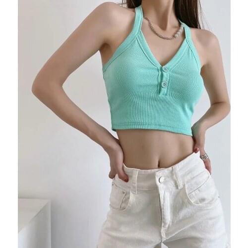 2021 Summer Short Womens Camisole Sexy Solid Color Sleeveless Off Shoulder Backless Lace-up Basic Camisole Em