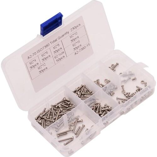 230Pcs Hex Socket Screws Assortment Kit Stainless Steel M2 Hex Socket Button Head Screw Bolts & Nutswith Box Fastener Hardware