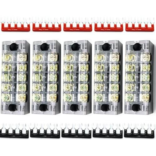 600V 15A 5 Positions Double Row Screw Terminal with Cover+5pcs Positions Black Red Pre-Insulated Terminal Barrier