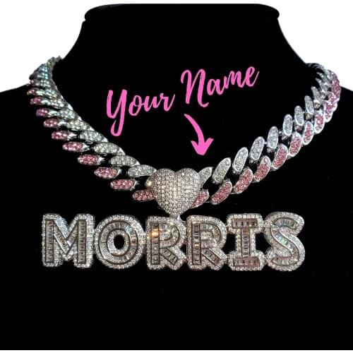 Icy Baguette Letters Custom Name Chain, Cuban Chain Nameplate Necklace, Hot Popular Personalized Womens Jewelry, Birthday Gifts