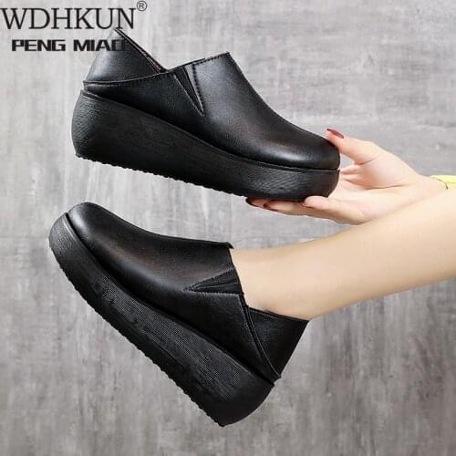 Dropshipping New 2021 Women Creepers Platform Pu Flats Height Increasing Slip on Goth Punk Ladies Loafers Shoes Trainers