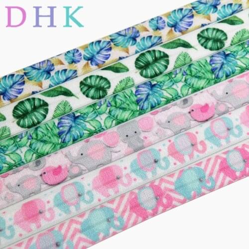 DHK 5/8'' 5yards elephant tropical leaf printed Fold Elastic FOE stretch ribbon hairbow headwear headband DIY Wholesale E1592