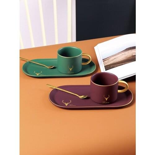 European Luxurious Gold Rim Ceramics Coffee Cups And Saucers Spoon Sets With Gift Box Tea Soy Milk Breakfast Mugs Dessert Plate