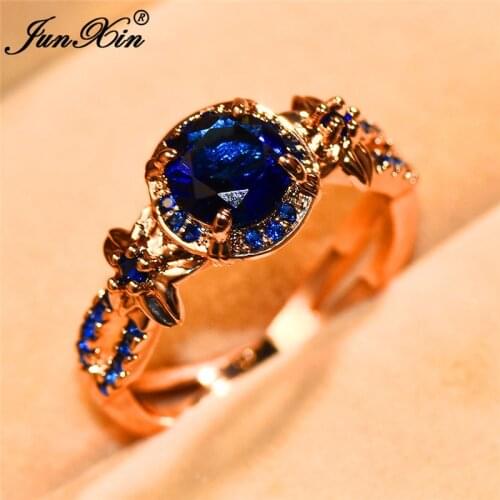 Boho Cute Female Crystal White Blue Green Round Ring Fashion Rose Gold Flower Ring Zircon Stone Engagement Rings For Women