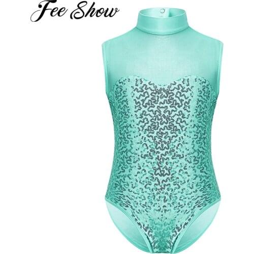 Kids Girls Sparkly Sequins Sleeveless Mock Neck Tulle Splice Keyhole Back Ballet Dance Gymnastics Leotard Jumpsuit