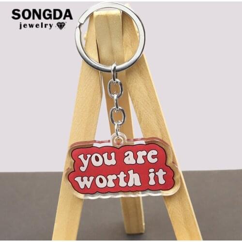 Colorful Fun Quotes Dialog Keychain Choose Happy You Are Worth It Pattern Acrylic Key Ring Bag Pendant Teens Trendy Accessories