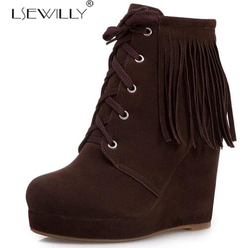 Lsewilly Women Winter Boots Lady Western Cowboy Boots Wedge Heel Lace Up Short Boots Shoes Women Botas Mujer Casual Boots K171