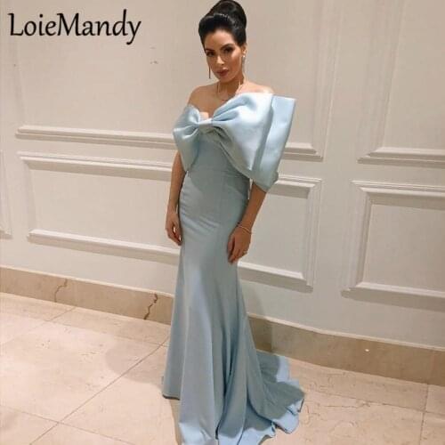 Sweetheart Mermaid Long Prom Dresses 2021 Big Bowknot Backless Evening Party For Women Light Blue Turkish Evening Gowns